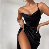 European And American-Style Women's ClothinginsHigh-Profile Figure Sexy Suspender Pleated Dress Slit Dress Irregular Skirt New